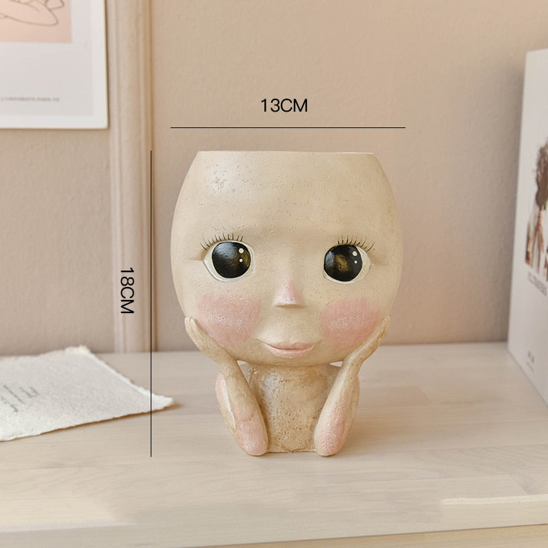 Human Face Vase Decoration Big Eyes Doll Resin Flowerpot Figure Sculpture Crafts Storage Container Flower Arrangement Container