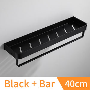 Bathroom Shelf Black with Towel Bar Space Aluminum Bathroom Shelves Shampoo Holder Shower Caddy Rack Corner Kitchen Storage Rack