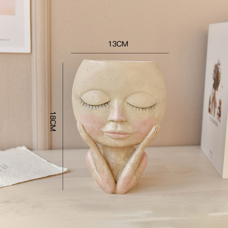 Human Face Vase Decoration Big Eyes Doll Resin Flowerpot Figure Sculpture Crafts Storage Container Flower Arrangement Container