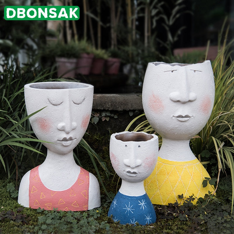 Art Portrait Flower Pot Vase Sculpture Resin Human Face Family Flower Pot Handmade Garden Storage Flower Arrangement Home Decors