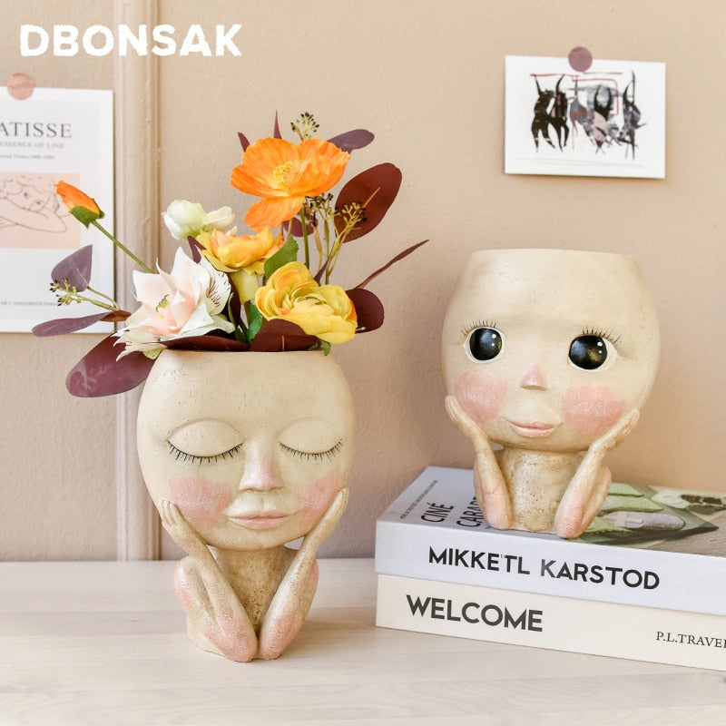 Human Face Vase Decoration Big Eyes Doll Resin Flowerpot Figure Sculpture Crafts Storage Container Flower Arrangement Container