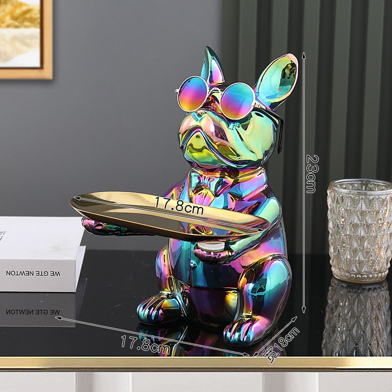 ERMAKOVA Nordic French Bulldog Sculpture Dog Figurine Statue Key Jewelry Storage Table Decoration Gift With Plate Glasses