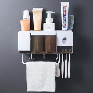 Wall Mount Toothbrush Holder With Cup Automatic Toothpaste Dispenser Toiletries Dust-proof Storage Rack Bathroom Accessories Set