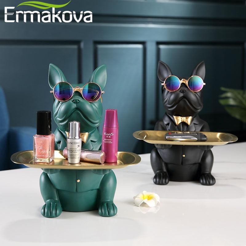 ERMAKOVA Nordic French Bulldog Sculpture Dog Figurine Statue Key Jewelry Storage Table Decoration Gift With Plate Glasses