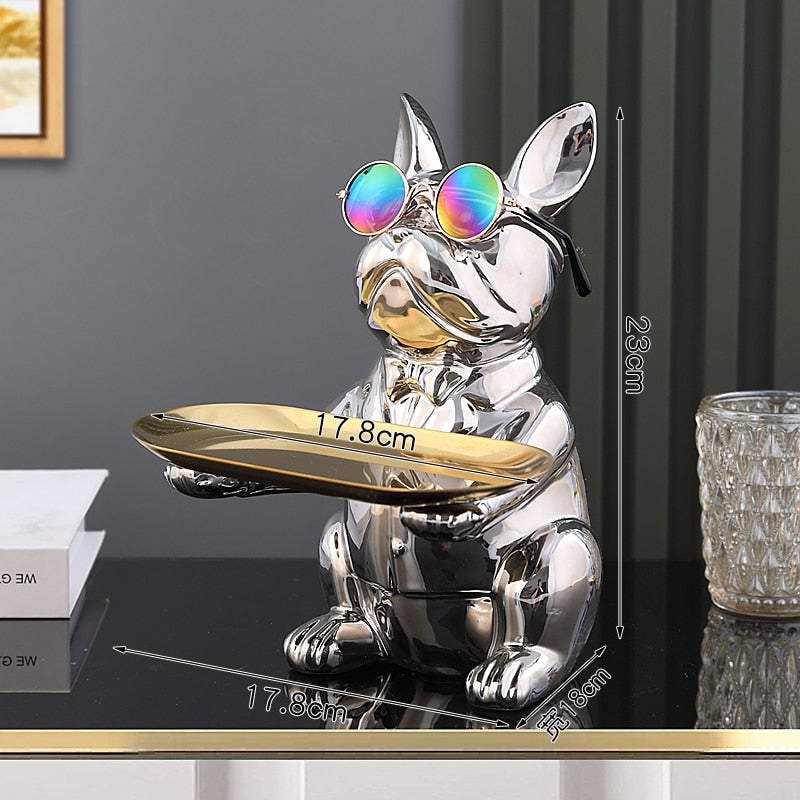 ERMAKOVA Nordic French Bulldog Sculpture Dog Figurine Statue Key Jewelry Storage Table Decoration Gift With Plate Glasses