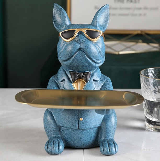 ERMAKOVA Nordic French Bulldog Sculpture Dog Figurine Statue Key Jewelry Storage Table Decoration Gift With Plate Glasses