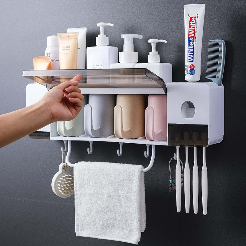 Wall Mount Toothbrush Holder With Cup Automatic Toothpaste Dispenser Toiletries Dust-proof Storage Rack Bathroom Accessories Set