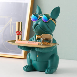 ERMAKOVA Nordic French Bulldog Sculpture Dog Figurine Statue Key Jewelry Storage Table Decoration Gift With Plate Glasses