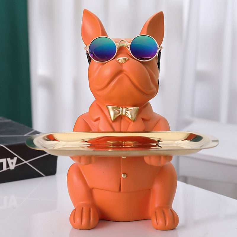 ERMAKOVA Nordic French Bulldog Sculpture Dog Figurine Statue Key Jewelry Storage Table Decoration Gift With Plate Glasses