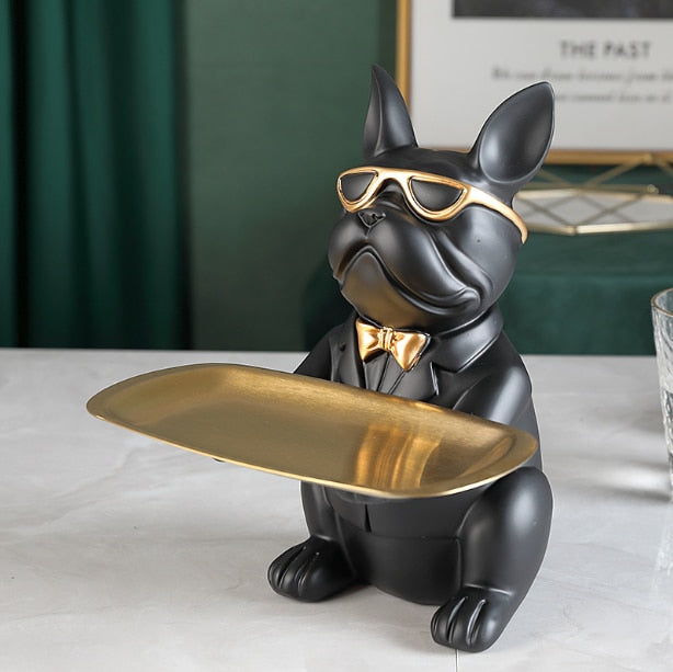 ERMAKOVA Nordic French Bulldog Sculpture Dog Figurine Statue Key Jewelry Storage Table Decoration Gift With Plate Glasses