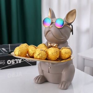 ERMAKOVA Nordic French Bulldog Sculpture Dog Figurine Statue Key Jewelry Storage Table Decoration Gift With Plate Glasses