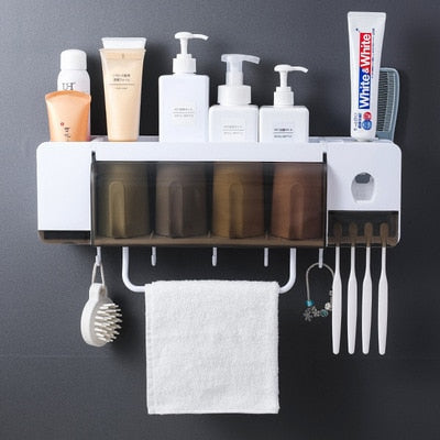 Wall Mount Toothbrush Holder With Cup Automatic Toothpaste Dispenser Toiletries Dust-proof Storage Rack Bathroom Accessories Set