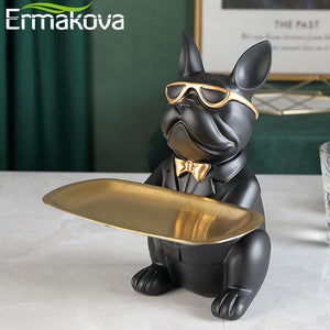 ERMAKOVA Nordic French Bulldog Sculpture Dog Figurine Statue Key Jewelry Storage Table Decoration Gift With Plate Glasses