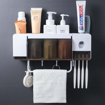 Wall Mount Toothbrush Holder With Cup Automatic Toothpaste Dispenser Toiletries Dust-proof Storage Rack Bathroom Accessories Set