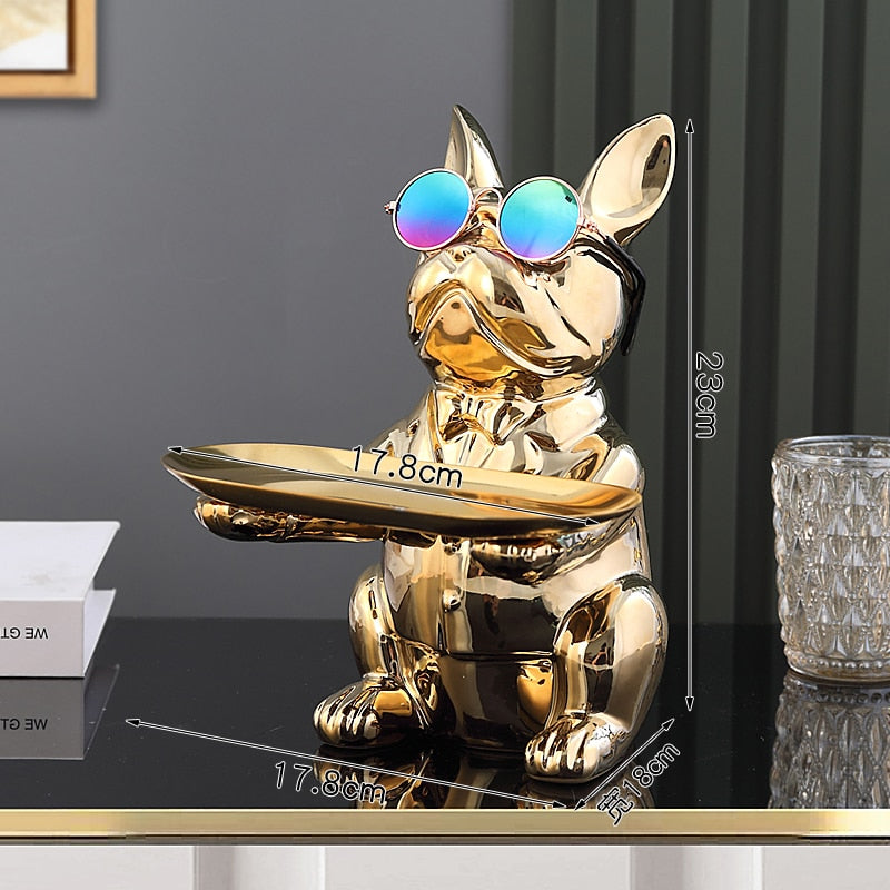 ERMAKOVA Nordic French Bulldog Sculpture Dog Figurine Statue Key Jewelry Storage Table Decoration Gift With Plate Glasses