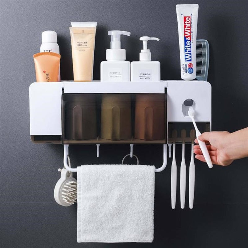 Wall Mount Toothbrush Holder With Cup Automatic Toothpaste Dispenser Toiletries Dust-proof Storage Rack Bathroom Accessories Set