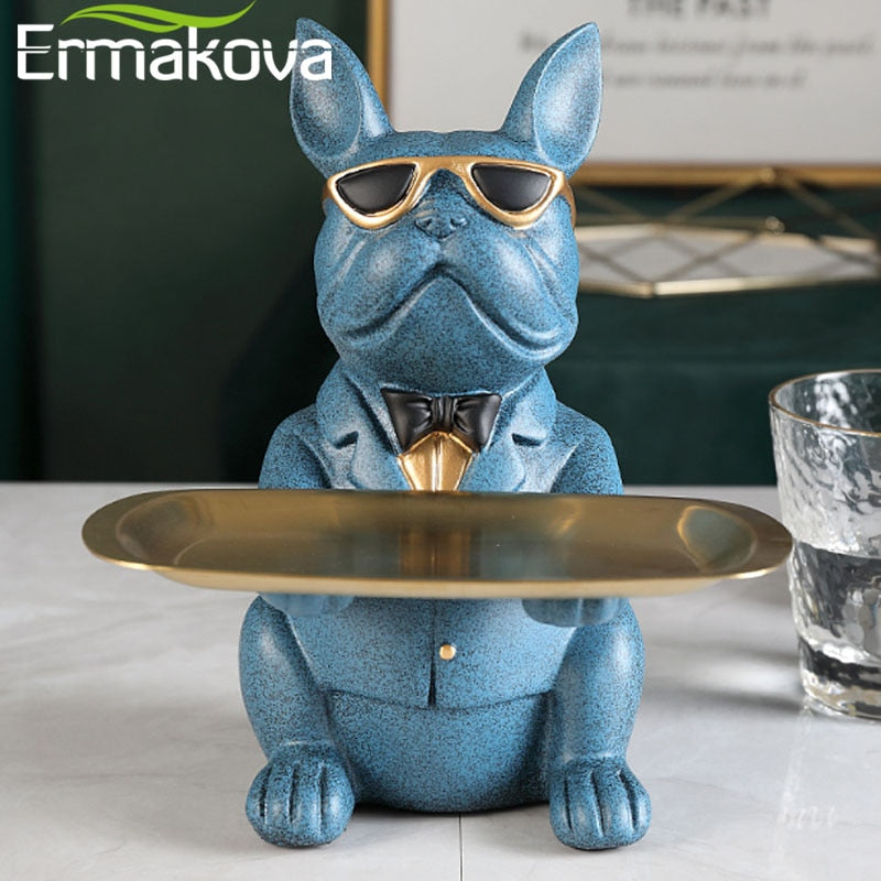 ERMAKOVA Nordic French Bulldog Sculpture Dog Figurine Statue Key Jewelry Storage Table Decoration Gift With Plate Glasses