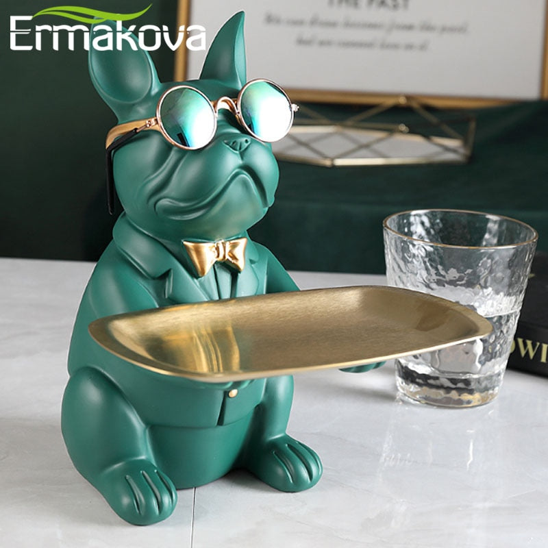 ERMAKOVA Nordic French Bulldog Sculpture Dog Figurine Statue Key Jewelry Storage Table Decoration Gift With Plate Glasses