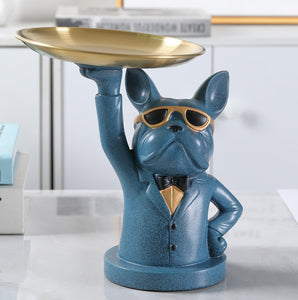 ERMAKOVA Nordic French Bulldog Sculpture Dog Figurine Statue Key Jewelry Storage Table Decoration Gift With Plate Glasses