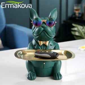 ERMAKOVA Nordic French Bulldog Sculpture Dog Figurine Statue Key Jewelry Storage Table Decoration Gift With Plate Glasses